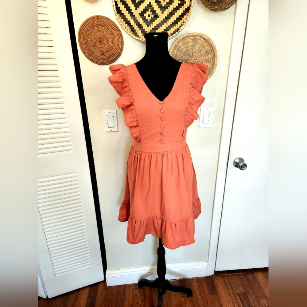 Orange Mini Dress With Ruffles Flutter Sleeves - Picture 3 of 7